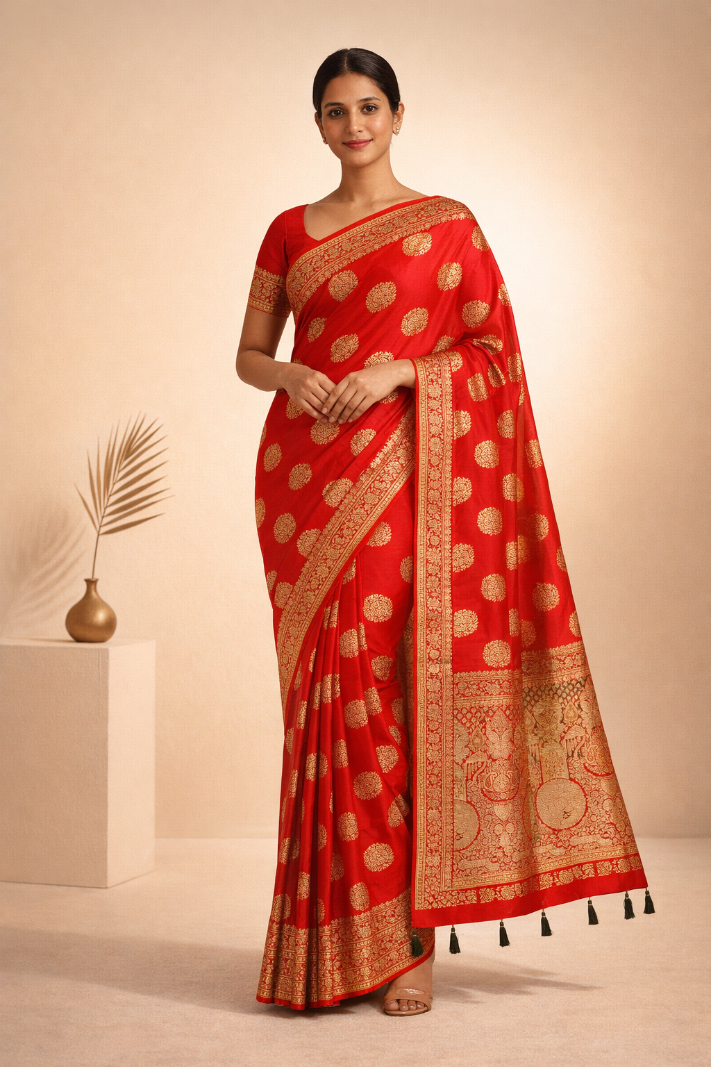 Red Zari Butti Saree with Tassels