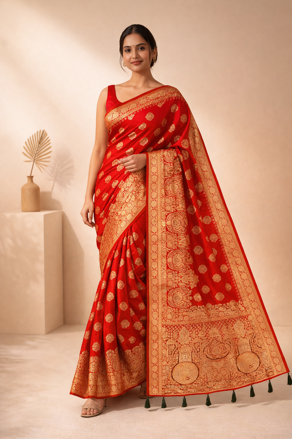 Red Zari Butti Saree with Tassels - Image 3