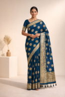 Navy Blue Zari Butti Saree With Tassels