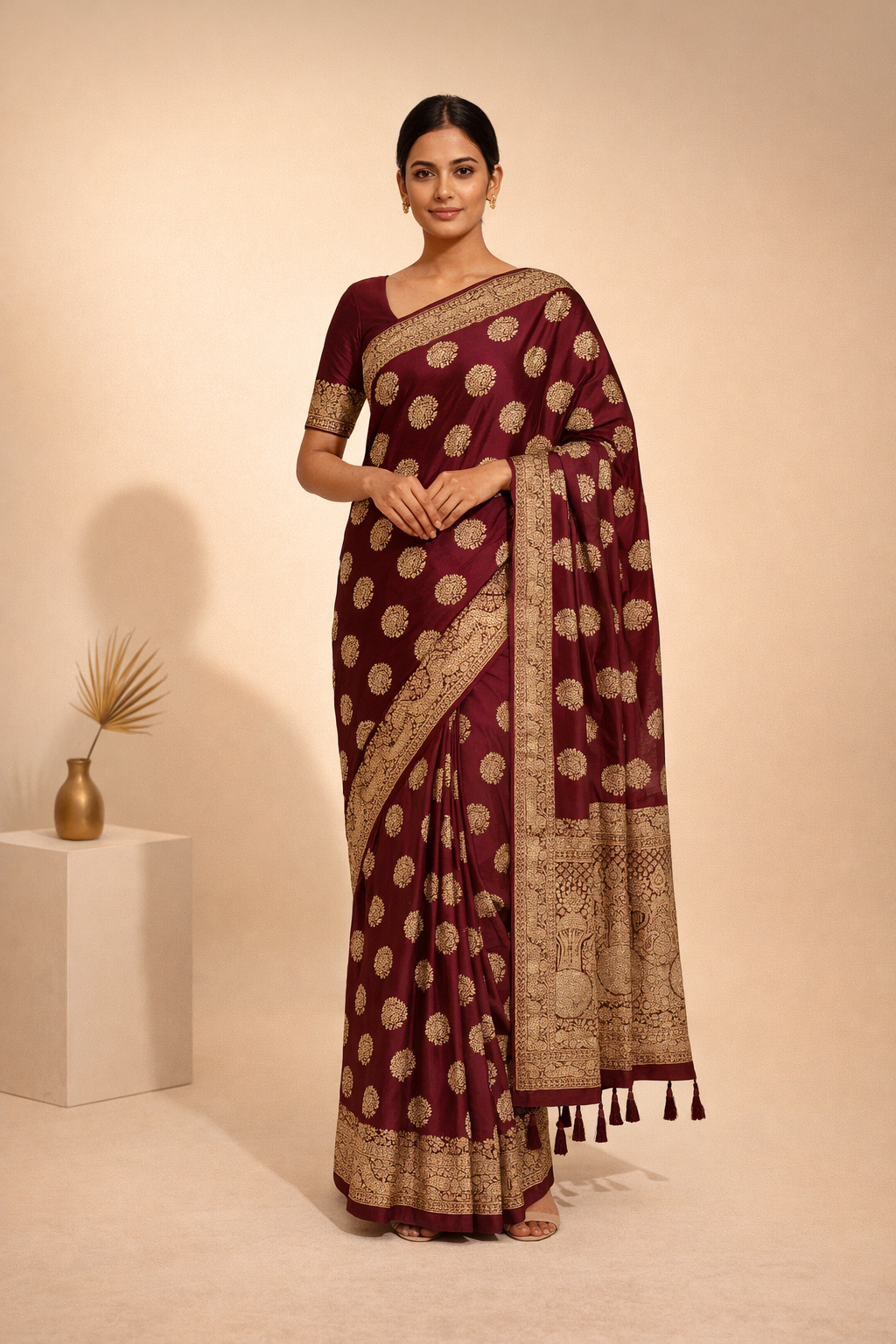 Wine Maroon Zari Butti Saree With Tassels