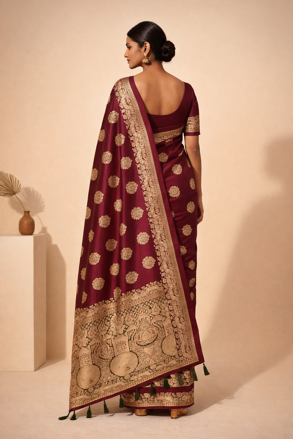 Wine Maroon Zari Butti Saree With Tassels - Image 2
