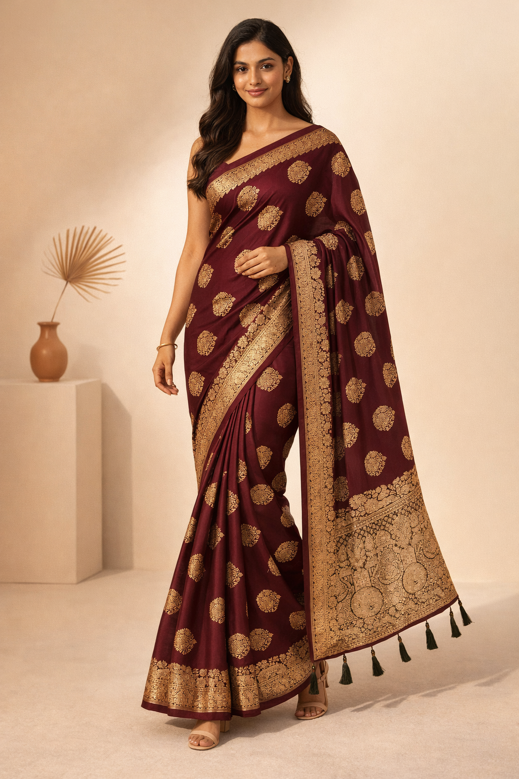 Wine Maroon Zari Butti Saree With Tassels - Image 3