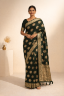 Dark Green Zari Butti Saree With Tassels