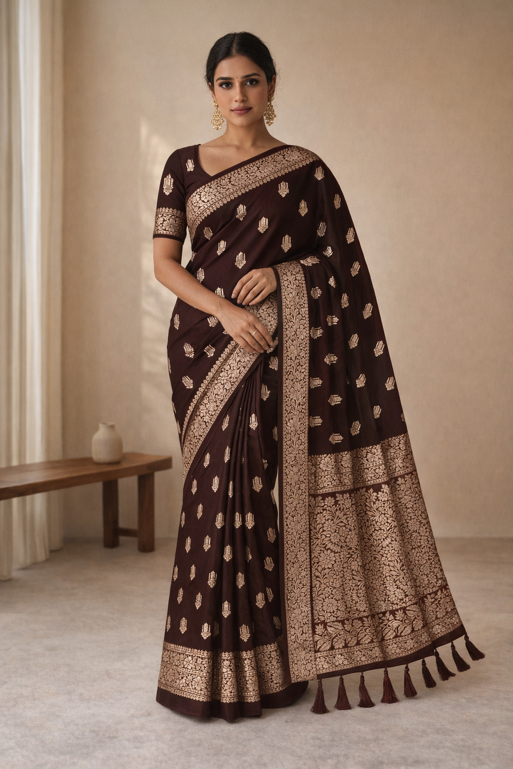 Maroon Zari Butti Saree With Tassels