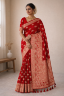 Classic Red Zari Butti Saree With Tassels