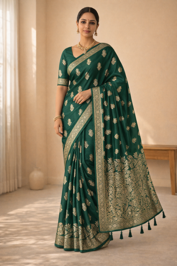 Bottle Green Zari Butti Saree With Tassels