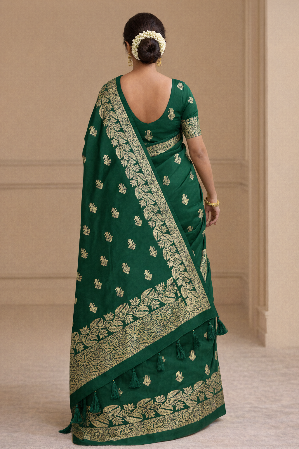 Bottle Green Zari Butti Saree With Tassels - Image 2