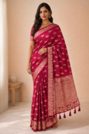 Wine Zari Butti Saree With Tassels