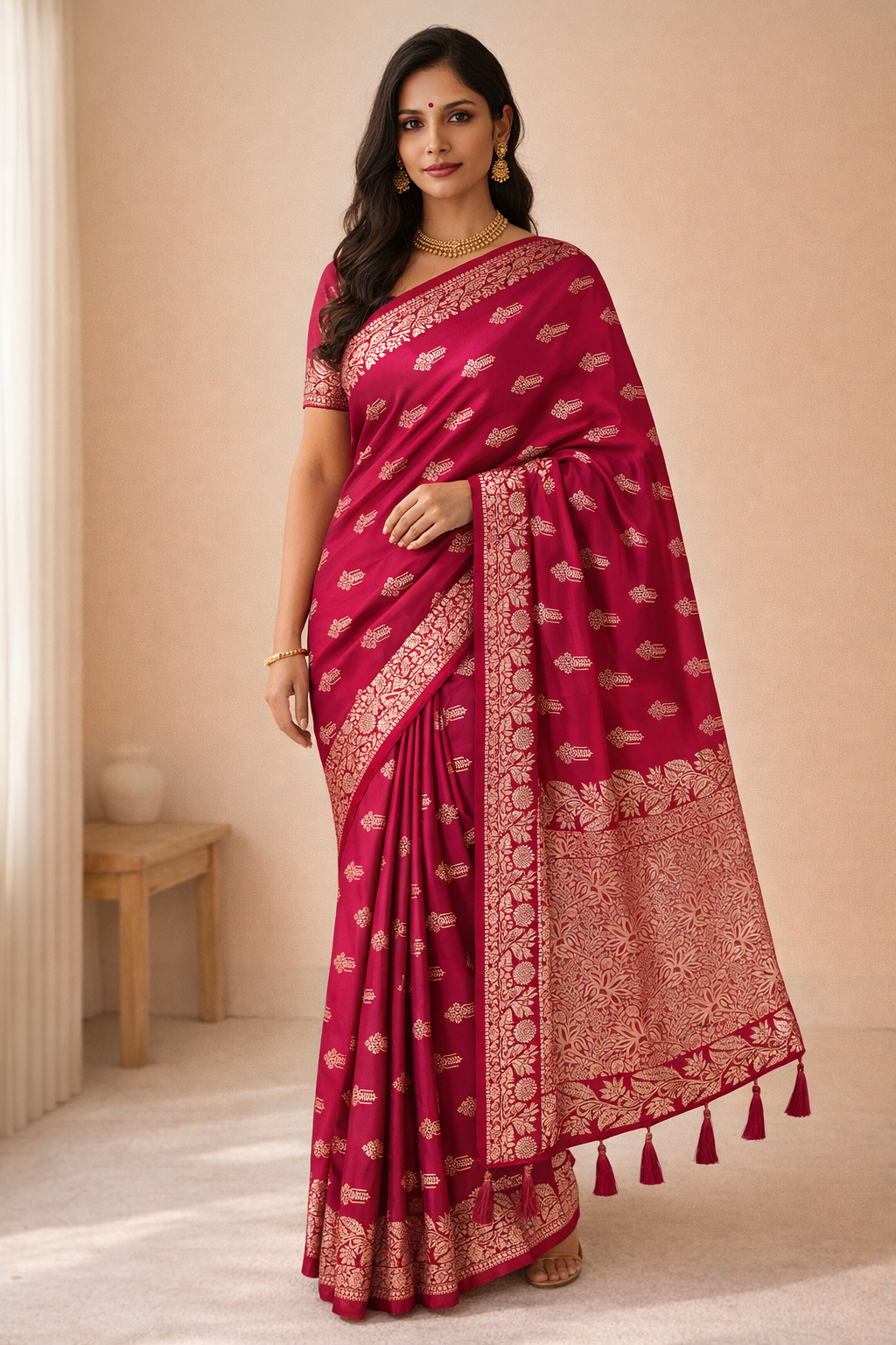 Wine Zari Butti Saree With Tassels