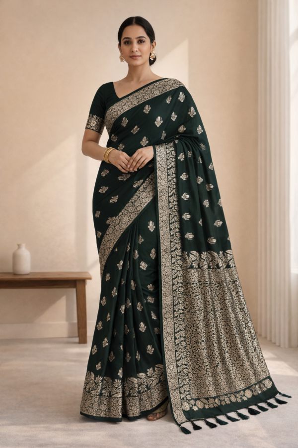 Dark Green Zari Butti Saree With Tassels