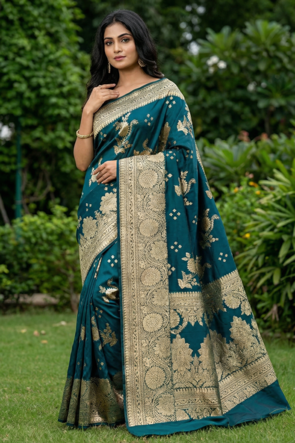 Peacock Blue Zari Jaal Border Saree