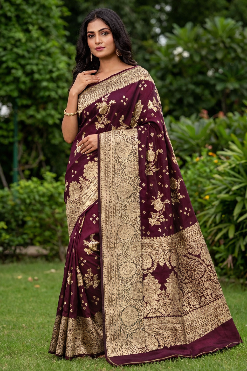 Wine Zari Jaal Border Saree