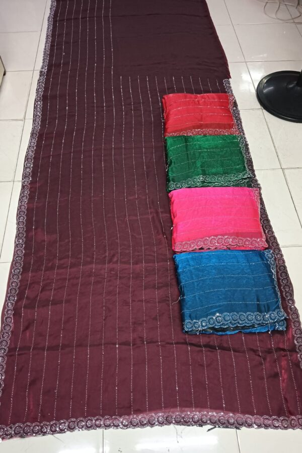 Shimmer Stripe Lace Border Saree (Wine/Brown Tone)