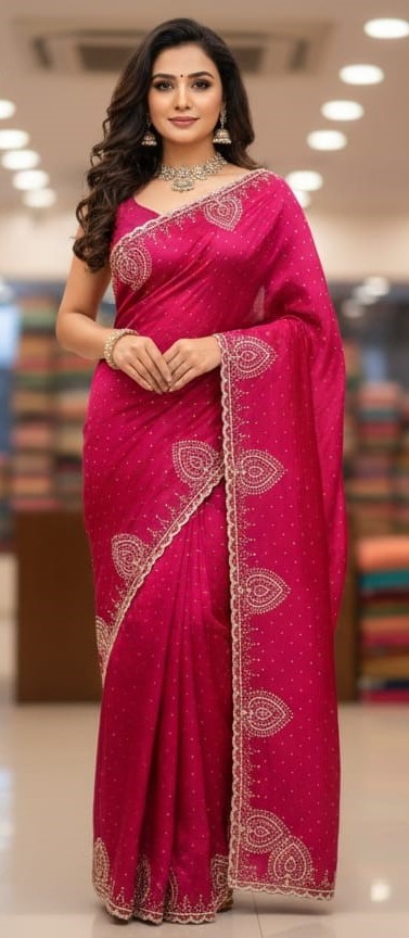Stone Butti Saree With Scallop Border