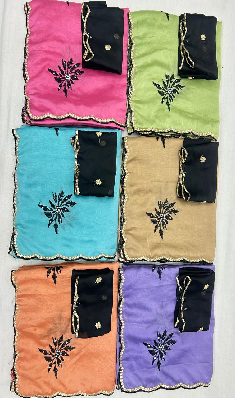 Contrast Floral Embroidered Saree