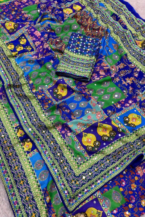 Blue Patchwork Mirror Work Saree