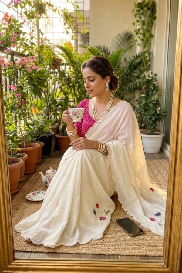 Ivory Floral Scallop Border Saree