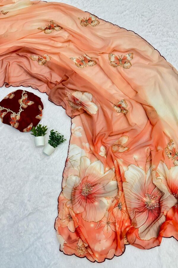 Peach Butterfly Floral Saree